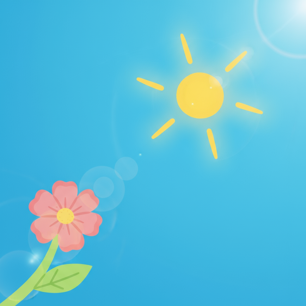 AI image generated of A cheerful doodle of a bright yellow sun in a blue sky above a pink flower with a yellow center and a curved green stem.