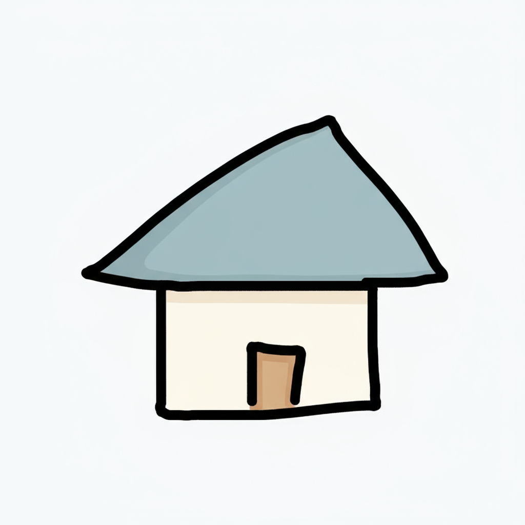 AI image generated of A simple, cartoon-like house with a big triangular roof and a small doorway.