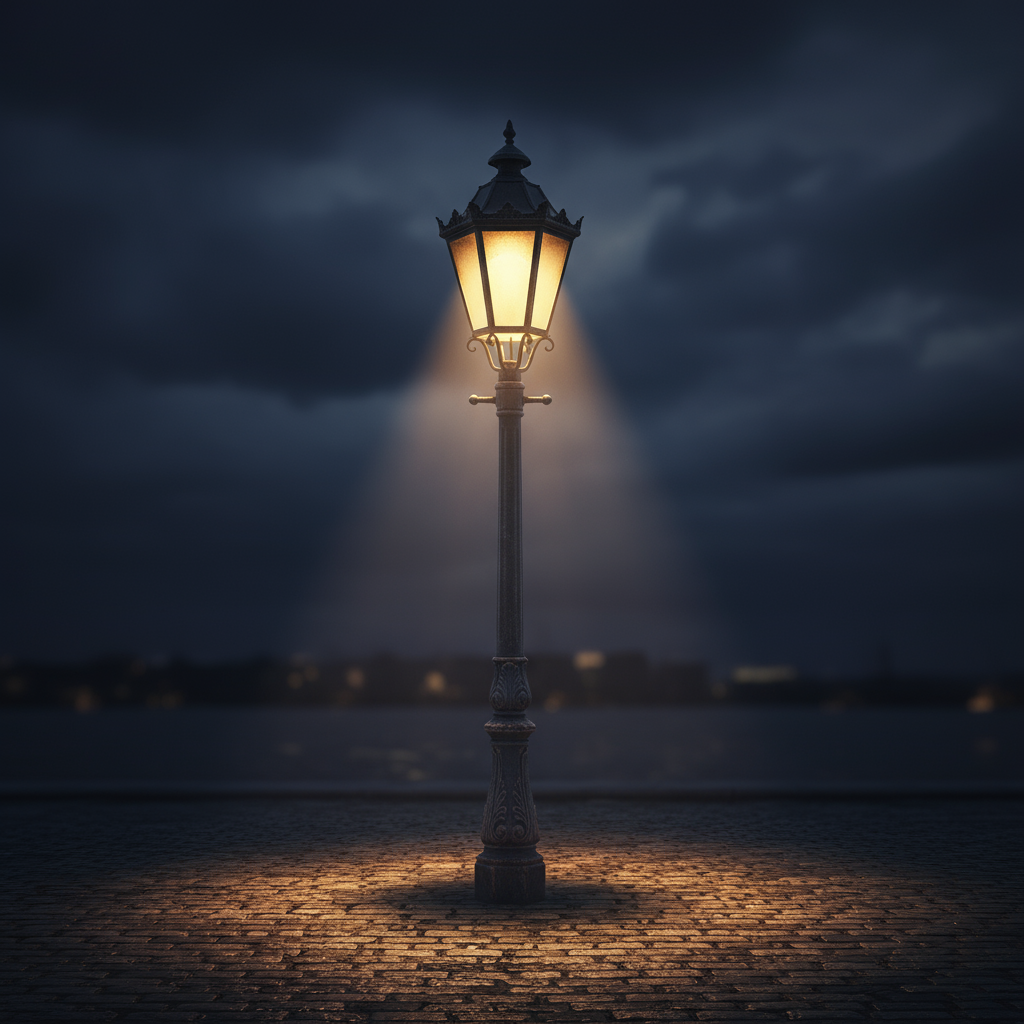AI image generated of A minimalist illustration of a streetlamp glowing yellow light against a dark blue night sky.